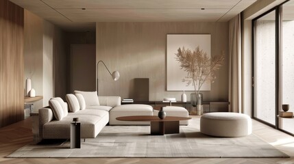 Poster - A living room with a white couch, a coffee table, and a vase. The room has a modern and minimalist design