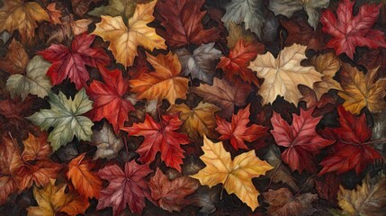 Poster - A painting of a large pile of autumn leaves. The leaves are of various colors, including red, yellow, and brown. The painting conveys a sense of warmth and nostalgia