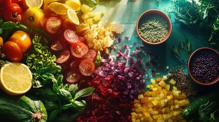 Aufkleber - A colorful assortment of vegetables and fruits are displayed on a table