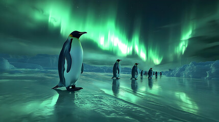 Canvas Print - Penguins walking on ice under the northern lights.