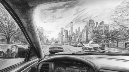 Poster - A drawing of a car window with a city in the background