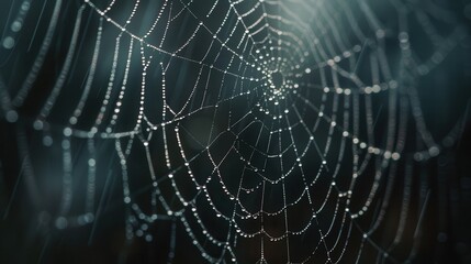 Aufkleber - A spider web is shown in a dark background with a few drops of water on it. The web is very intricate and detailed, with many strands of silk. Scene is mysterious and eerie