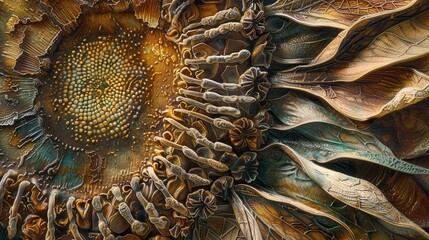Poster - A painting of a sunflower with a yellow center and brown and blue petals. The painting is abstract and has a lot of detail
