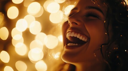 Poster - A woman with curly hair is smiling and laughing