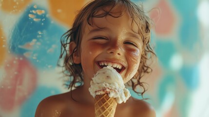 Poster - A young girl is eating an ice cream cone with a big smile on her face