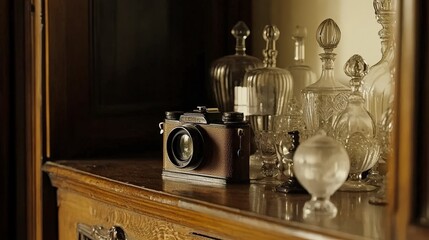 Wall Mural - Vintage camera on a wooden table surrounded by glassware and decor