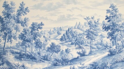 Poster - Soft blue and white classic toile wallpaper featuring a serene landscape with trees, hills, and a waterway, perfect for an elegant interior
