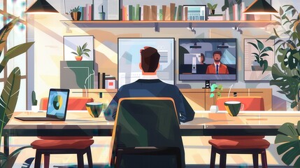 Poster - A man is sitting at a desk with a laptop and a TV in front of him. He is wearing a suit and tie. The room is decorated with plants and books. Scene is professional and focused