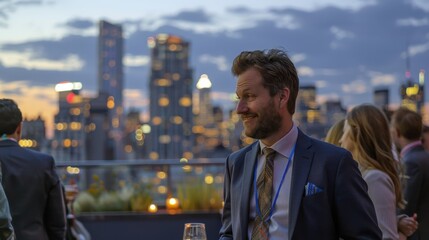 Aufkleber - A man in a suit is smiling at the camera while looking out over a city. He is wearing a tie and a blue jacket