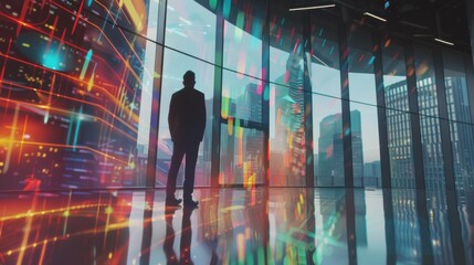Fototapete - A man stands in front of a window looking out at a city. The window is large and has a colorful display of lights and shapes. The man is wearing a suit
