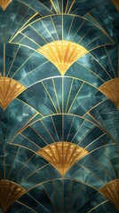 Poster - Elegant art deco wallpaper showcasing geometric fan motifs in rich hues of blue and gold with a modern vintage flair