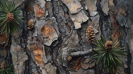 Poster - A painting of pine needles and pine cones on a rocky surface. The painting has a natural and rustic feel to it, with the pine needles