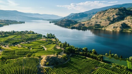 Poster - A beautiful landscape with a large body of water and a vineyard. The vineyard is lush and green, and the water is calm and serene. Concept of tranquility and natural beauty