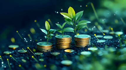 Growth of plants on stacks of coins symbolizing financial prosperity.