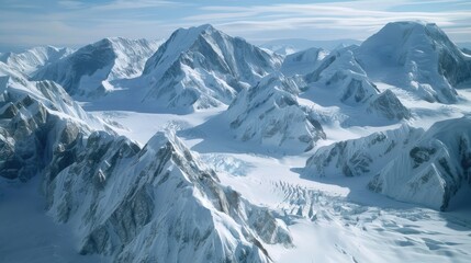 Poster - A mountain range with snow and ice. The mountains are very tall and the snow is very deep. The sky is clear and the sun is shining