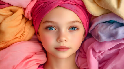 Wall Mural - A serene portrait of a girl surrounded by colorful fabrics.