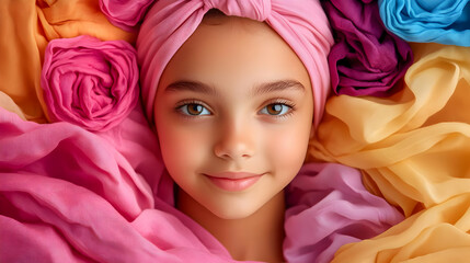 Poster - A young girl surrounded by colorful fabrics, smiling gently.