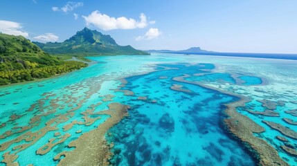 Aufkleber - A beautiful blue ocean with a mountain in the background. The water is calm and clear. The sky is blue and there are no clouds