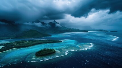 Poster - A stormy sky over a body of water with a small island in the middle. The sky is dark and cloudy, and the water is choppy