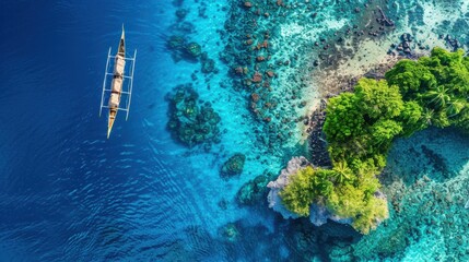 Poster - A boat is floating on the ocean near a rocky shore. The water is blue and the sky is clear