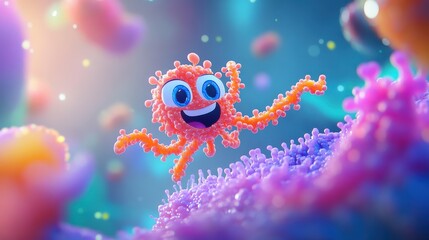 Aufkleber - A cartoonish orange octopus is standing on a pink and purple background