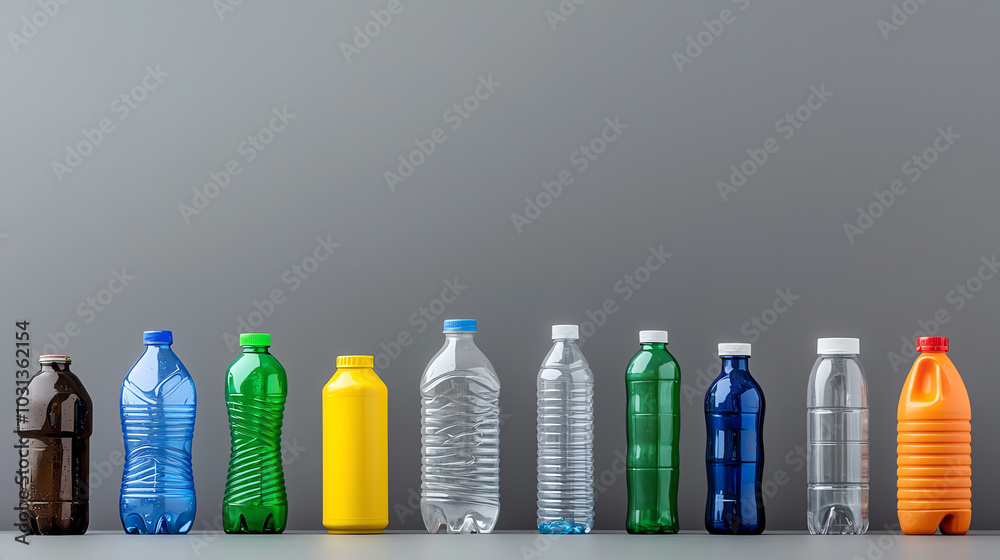 Recycleble Plastic A side view of recycled plastic products, like bottles and packaging ...