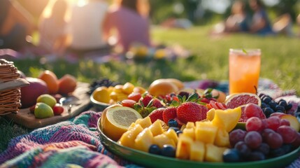 Aufkleber - A green plate of fruit is on a blanket in a park