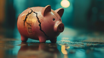 A cracked pink piggy bank sits on a wet surface, symbolizing financial hardship or instability.