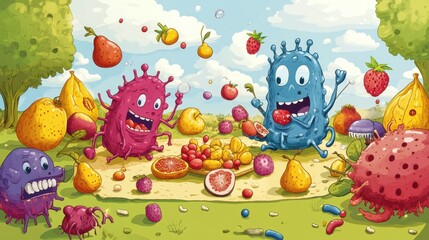 Aufkleber - Two cartoon characters are eating fruit on a picnic blanket