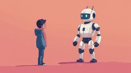 Fototapete - A boy and a robot are standing next to each other