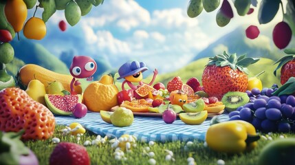 Poster - A cartoon scene of a group of fruits and vegetables on a picnic blanket