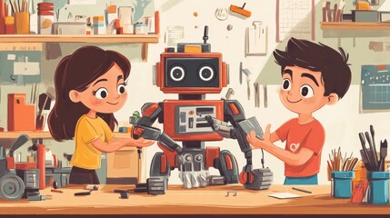 Aufkleber - A boy and a girl are building a robot together