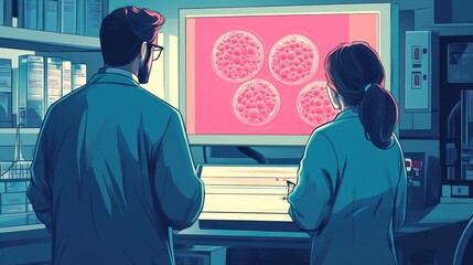 Poster - Two scientists are looking at a computer screen with a pink image of a cell