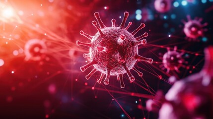 Colorful virus illustration on a dark background with glowing particles.