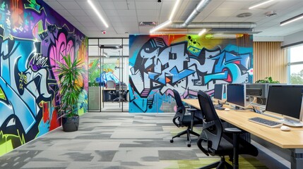 Vibrant graffiti-inspired wallpaper enhances the creative atmosphere of a modern office space