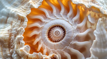 Poster - A close-up view of a beautiful spiral shell capturing intricate details and divine proportions in soft natural lighting