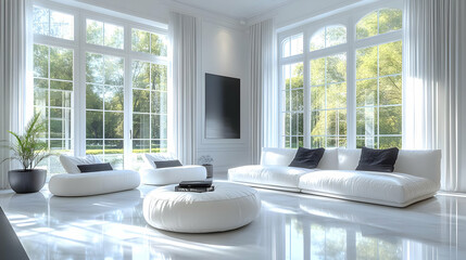 Sticker - Modern, bright living room with large windows and minimalistic decor.