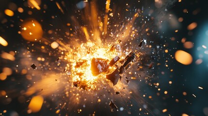 A close-up shot of two objects crashing together, creating a powerful impact, with shards and debris flying in all directions, captured in slow motion.