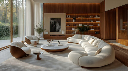 Sticker - Modern living room with curved sofa and wooden accents.