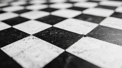 Poster - A close-up view of a monochromatic chessboard pattern showcasing divine proportion and geometric alignment in a minimalist design