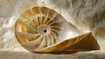 Poster - A close-up view of a nautilus shell split open, showcasing its intricate spiral and smooth textures under warm ambient lighting