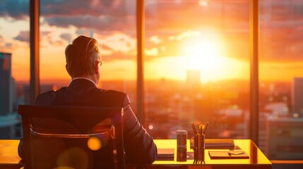 Businessman Reflecting on Career Success at Sunset