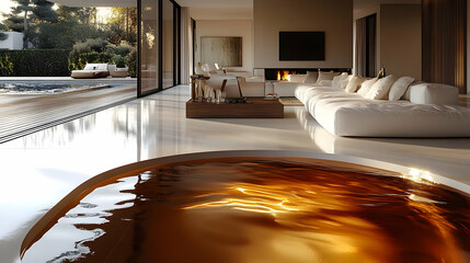 Poster - Modern living room with a unique water feature and open design.