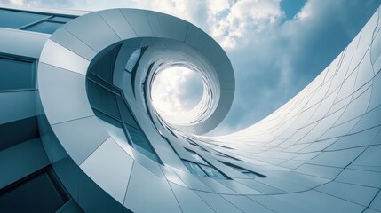 Poster - Fibonacci spiral overlays modern building design showcasing clean lines and golden ratio principles on a cloudy day