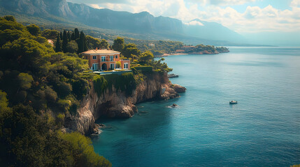 Poster - Scenic coastal view with a villa perched on a cliffside.