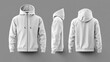 © Maftukhul - White zipper hoodie mockup in front, side, and back view on grey background.