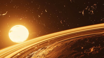 Aufkleber - Discovery of a new planet with glowing rings and multiple moons, featuring a thin atmosphere