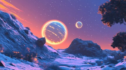 Poster - A luminous planet showcases a stunning light display with its moons crossing the shining atmosphere at twilight