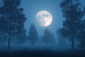 full moon over foggy forest.