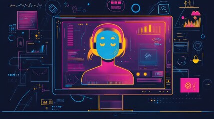 Leinwandbilder - A hand-drawn illustration of a vibrant AI prototype as a virtual assistant displayed on a computer screen with friendly emojis